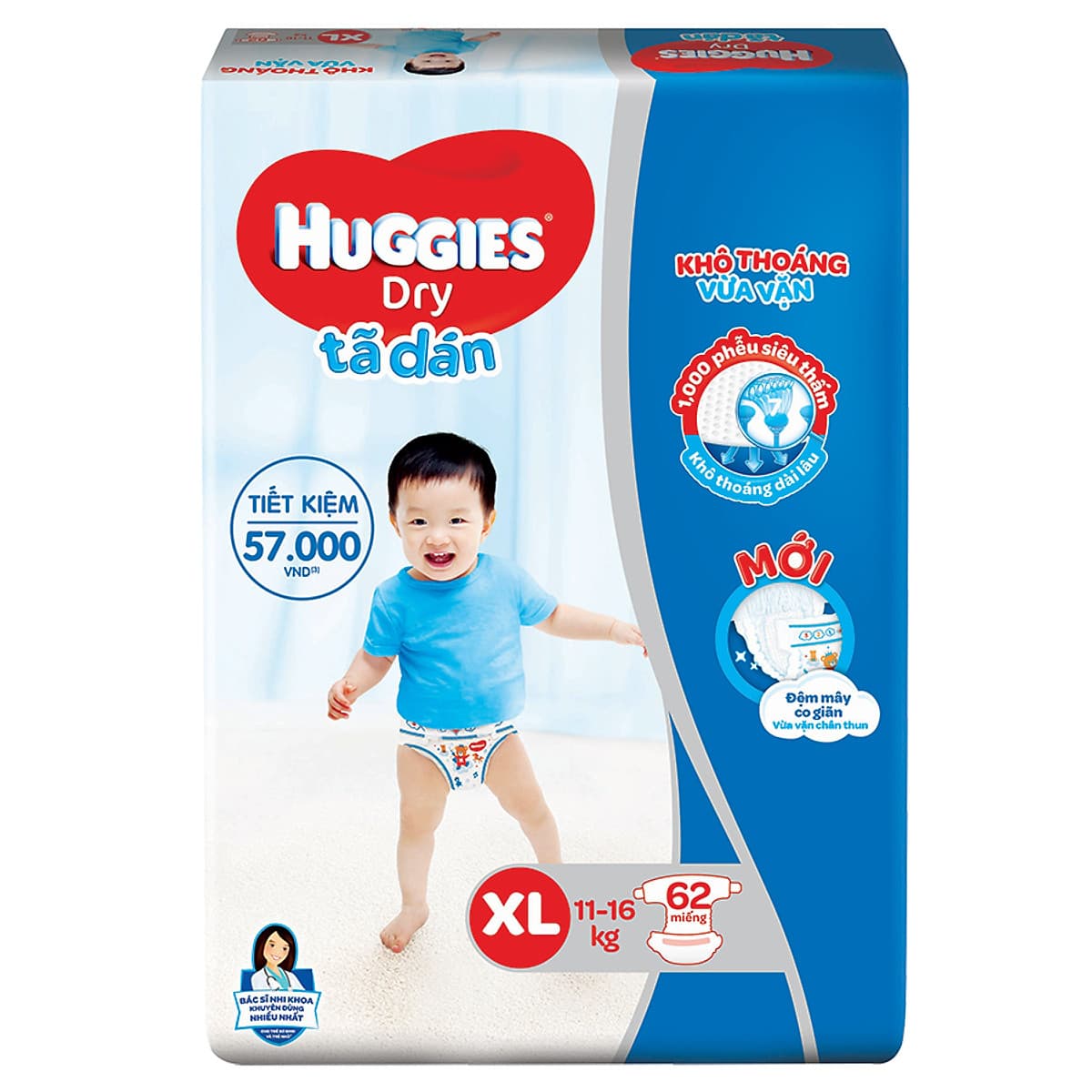 Combo 3 Gói Tã Dán Huggies Dry Gói Cực Đại XL62 (62 Miếng) - Bao Bì Mới
