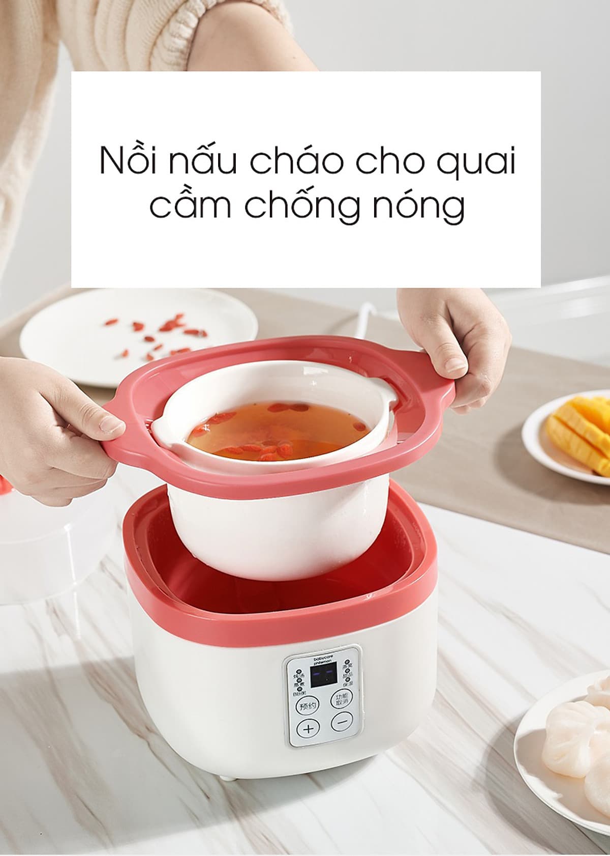 Nồi điện nấu cháo chậm đa năng bằng sứ ceramic KARPELLE (ANH) tự động, dành cho bé ăn dặm (hấp, nấu, chưng, hầm, hâm nóng) 0,8L (đỏ)