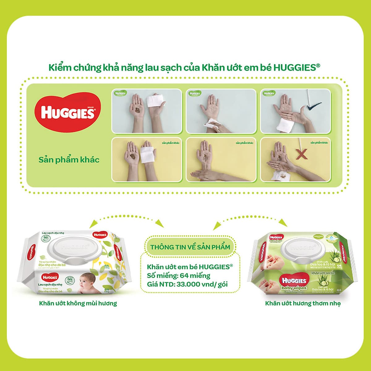 Combo 3 Gói Khăn giấy ướt cho trẻ sơ sinh HUGGIES không mùi, gói 64 tờ