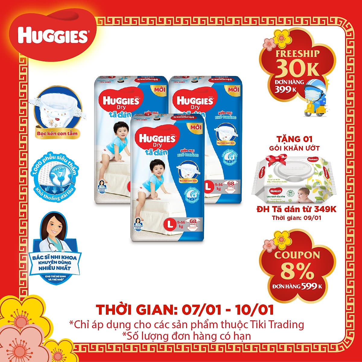 Combo 3 Gói Tã Dán Huggies Dry Gói Cực Đại L68 (68 Miếng) - Bao Bì Mới