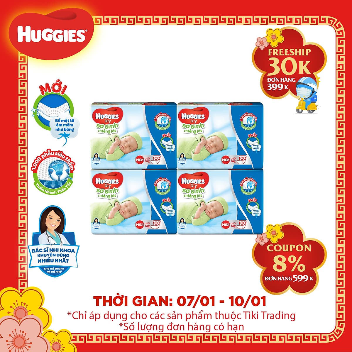 Combo 4 Gói Miếng Lót Sơ Sinh Huggies NB1 100 Miếng - NB1 100 (Gói 100 Miếng) 