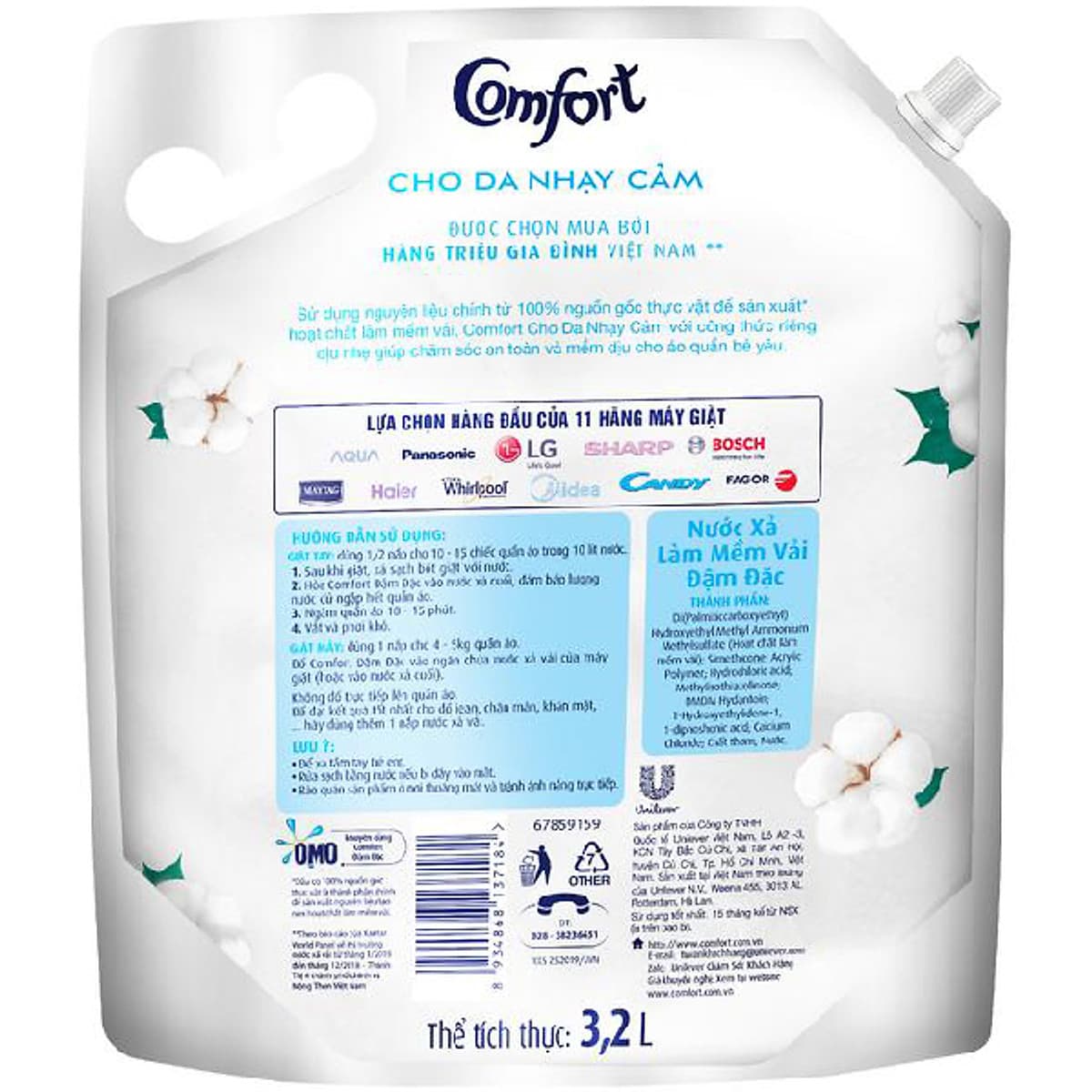 Nước Xả Vải Comfort Cho Da Nhạy Cảm (3.2L/Túi)  - Phù Hợp Với Làn Da Em Bé