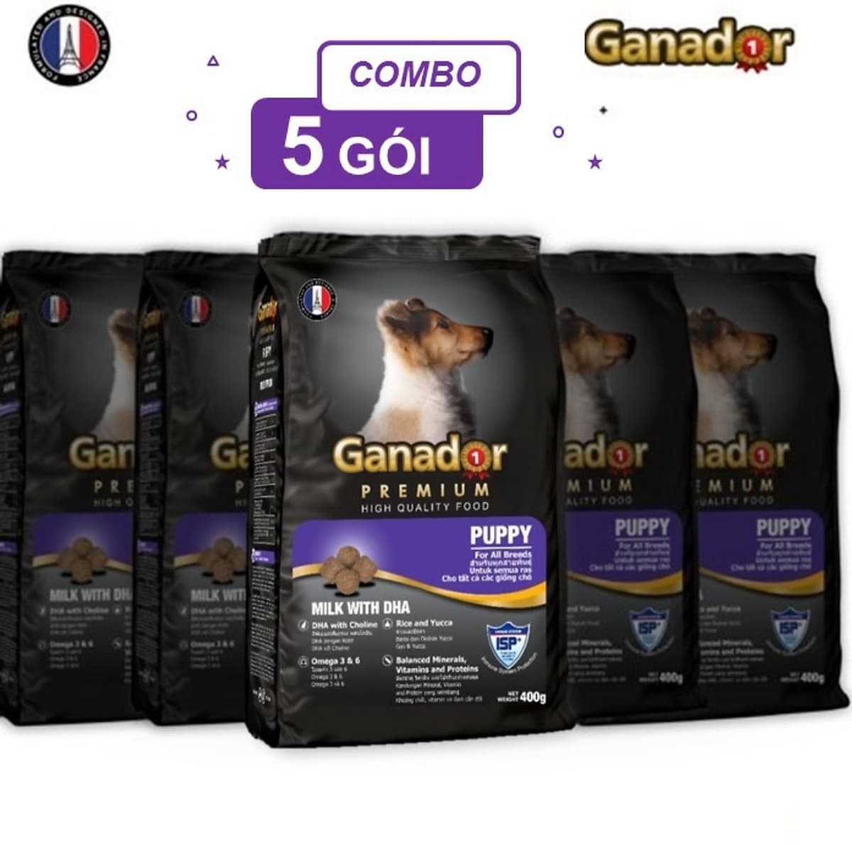 Combo 5 gói thức ăn cho chó con Ganador vị sữa & DHA Puppy Milk with DHA 400 gram