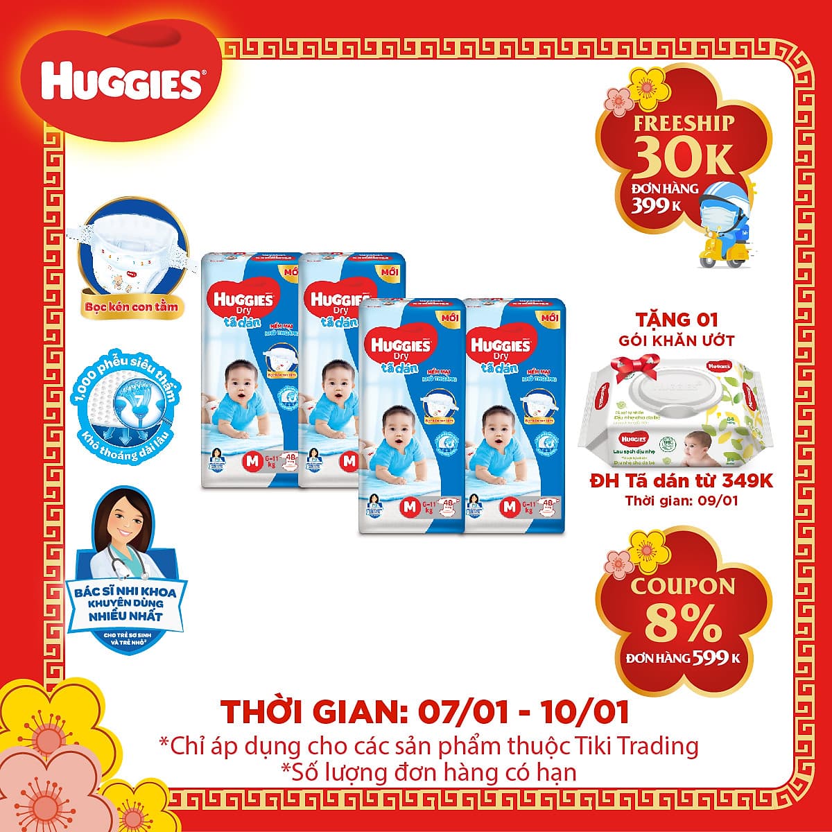 Combo 4 Gói Tã Dán Huggies Dry Gói Đại M48 (48 Miếng) - Bao Bì Mới