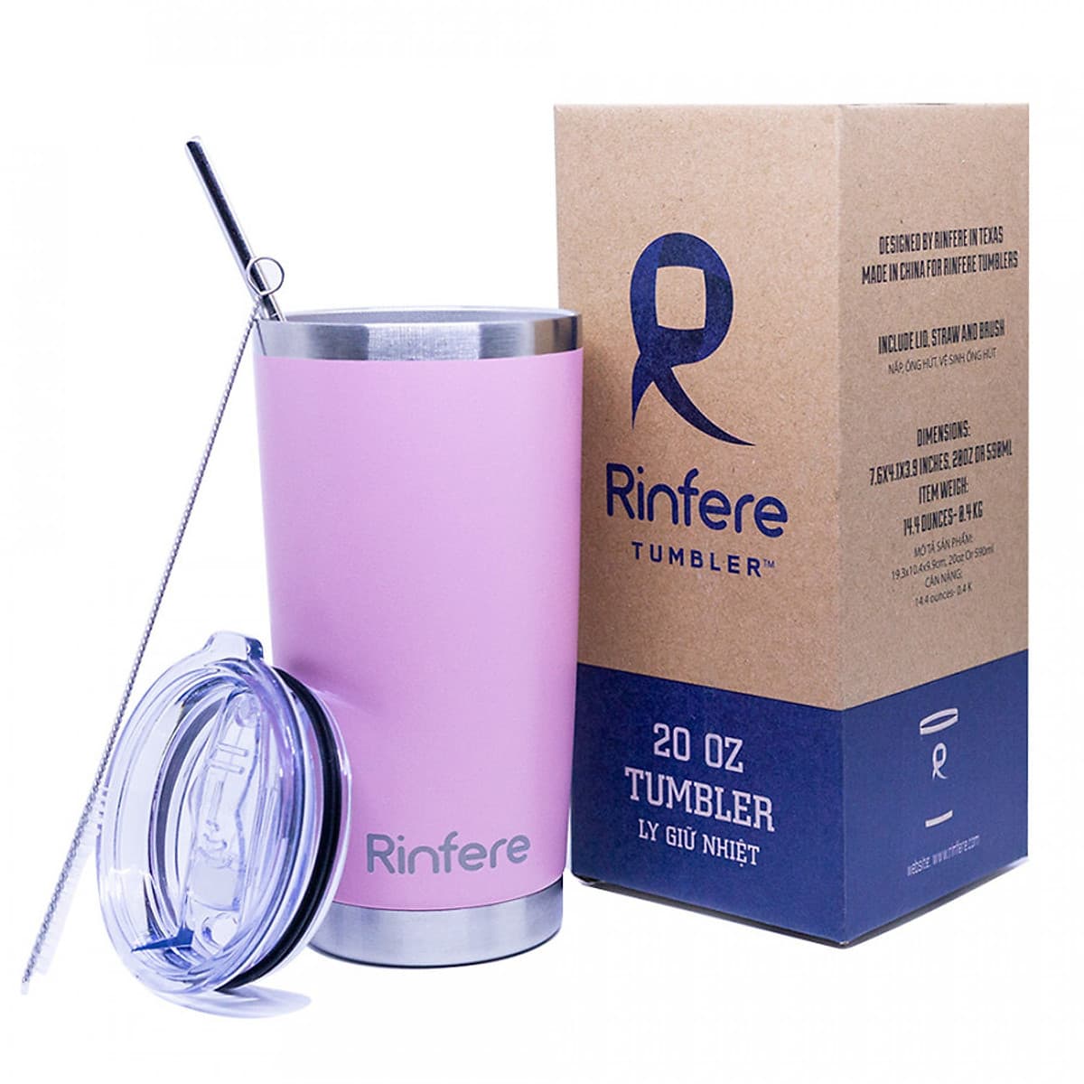 Ly Giữ Nhiệt Nắp Trượt Chống Tràn Rinfere - Tặng Kèm Ống Hút Không Gỉ, Dụng Cụ Vệ Sinh Ông Hút (590ml)