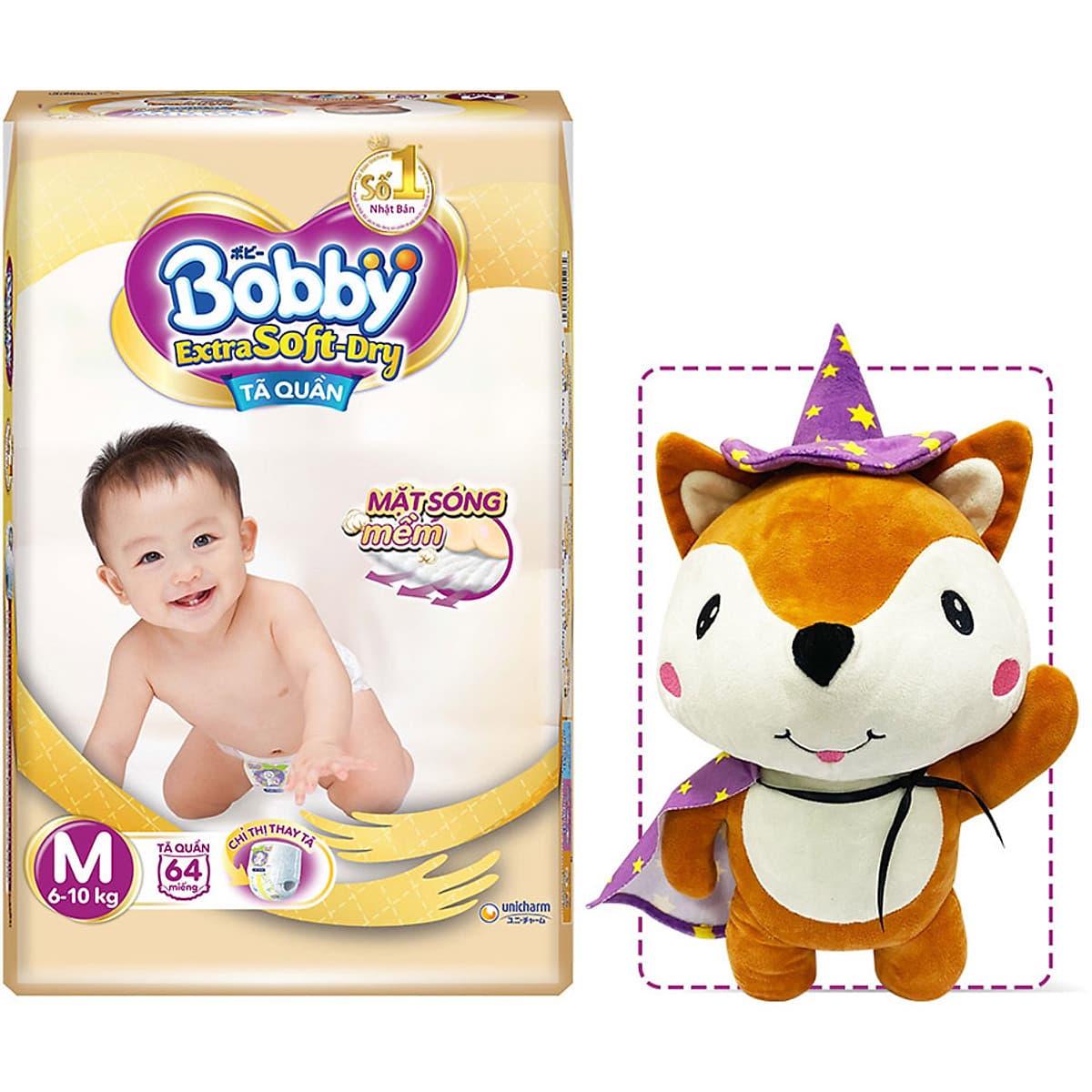 Tã Quần Cao Cấp Bobby Extra Soft Dry M64 (64 miếng) - Tặng 1 cáo bông xinh xắn