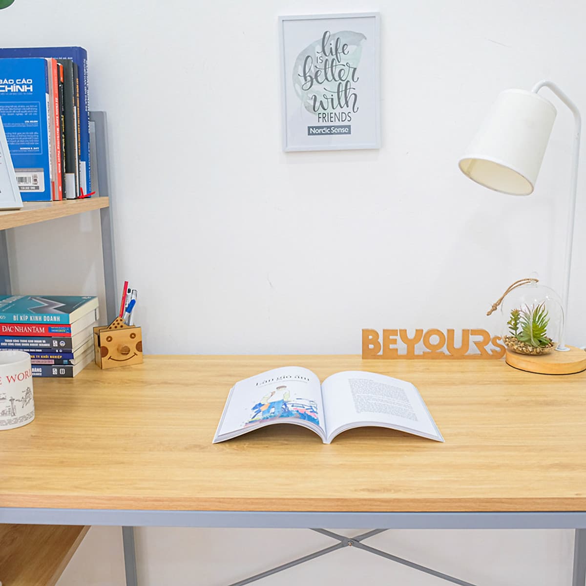Bàn Làm Việc BEYOURs Neuly Table Gỗ Chân Sắt Phối Kệ Sách Đa Năng