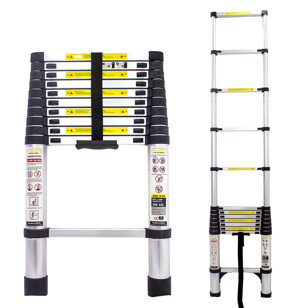 Thang nhôm rút gọn SUMIKA SK320 - Chiều cao tối đa 3.2m, chiều dài rút gọn 0.78m, hợp kim nhôm cao cấp, khóa chốt chắc chắn, đế cao su chống trượt, nhỏ gọn, di chuyển tiện lợi