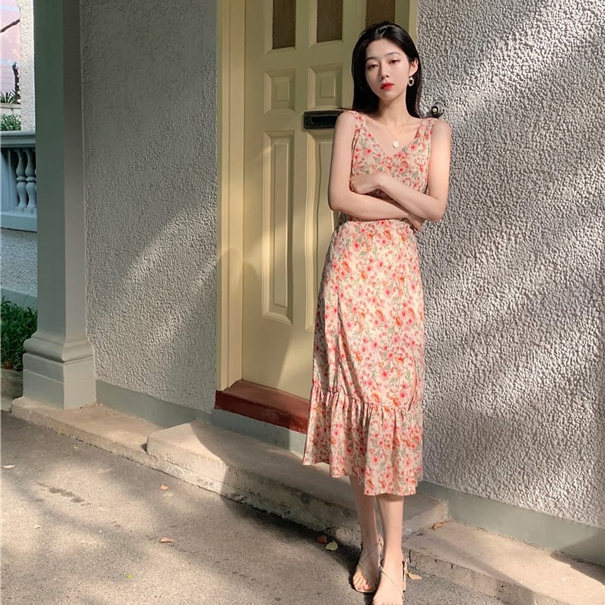 Đầm Voan Hai Dây Cổ Tim In Họa Tiết Hoa Trang Nhã Dành Cho Nữ