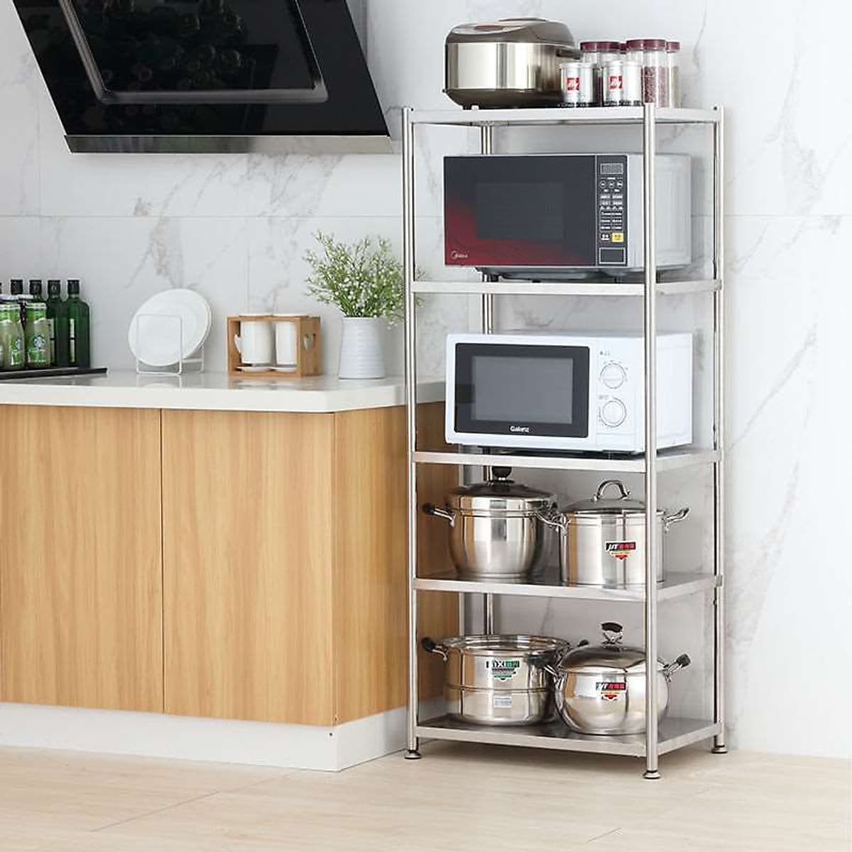 Kệ đa năng để lò sóng Inox 304 trắng chống han gỉ, kệ để đồ nặng nhà bếp cao cấp VANDO kệ tủ tiện lợi
