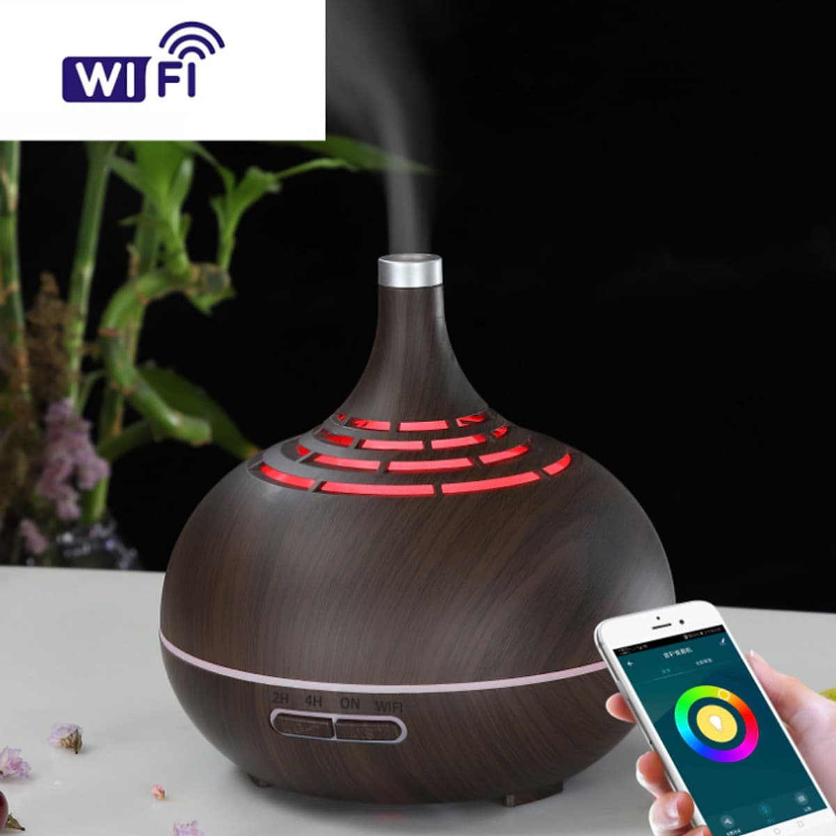 Máy phun sương tạo ẩm khuếch tán tinh dầu kết nối Wifi 150wifi tích hợp đèn LED 7 màu thông minh, Công suất 12W
