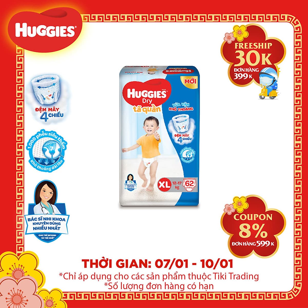 Tã Quần Huggies Dry Gói Cực Đại XL62 (62 Miếng) - Bao Bì Mới