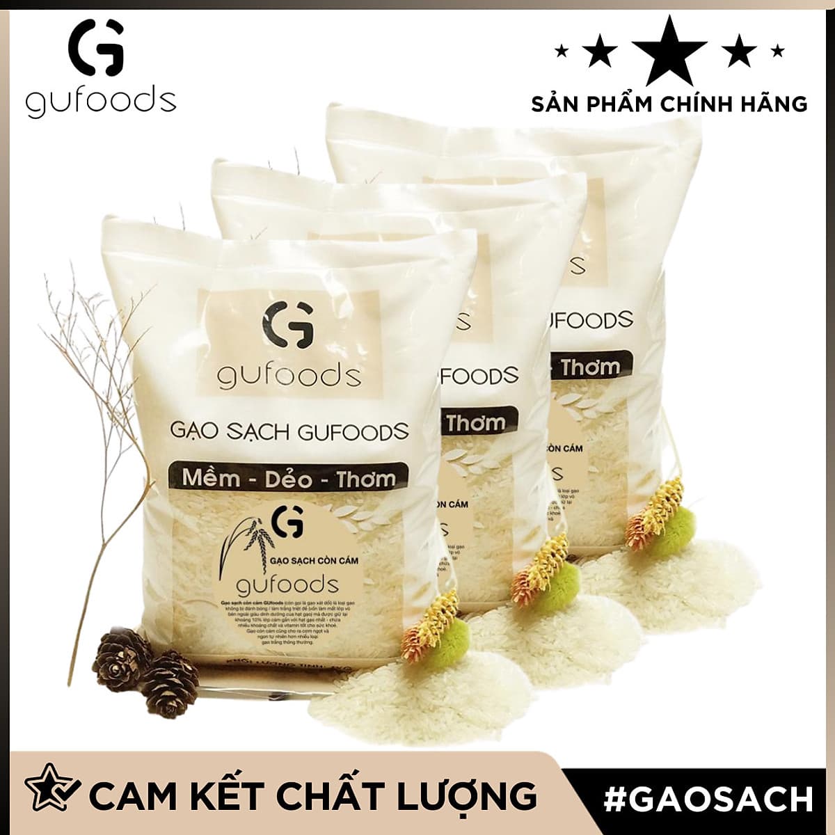 Combo 3 Gạo sạch còn cám GUfoods (ngọt - mềm - thơm) (mỗi túi 1kg)