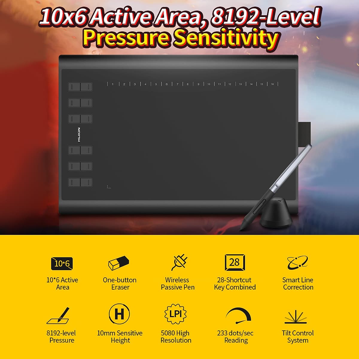 Bảng vẽ micro USB Huion H1060P với 12 nút phím cơ đi kèm với bút vẽ lớn không pin
