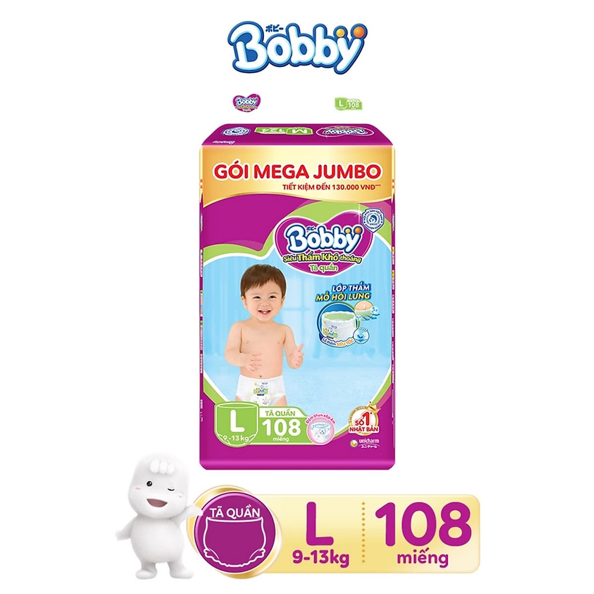 Tã quần Bobby có đệm lưng thấm mồ hôi đủ size M124/L108/XL96/XXL88