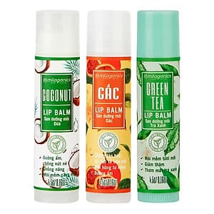 Combo Son Trà Xanh + Son Gấc + Son Dừa Dưỡng Môi, Giảm Thâm, Hồng Môi Milaganics (4.5g / Cây)