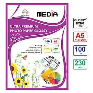 Giấy In Ảnh Media 1 Mặt Bóng A5 230gsm 100 Tờ - Hàng chính hãng