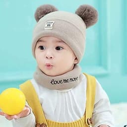 Mũ len 2 quả bông kèm khăn cho bé - màu ngẫu nhiên
