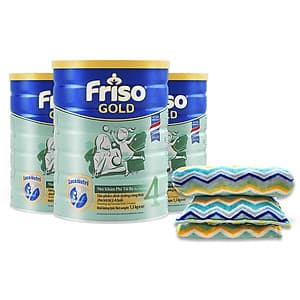 Bộ 3 Lon Sữa Bột Friso Gold 4 Cho Trẻ Từ 2-4 Tuổi 1.5kg + Tặng bộ mền gối Little Footprints (Mỹ)