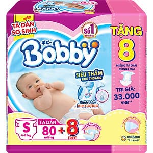 Tã Dán Bobby Sơ Sinh Siêu Thấm  S80 (80 Miếng) + 8 Miếng Tã dán cùng loại