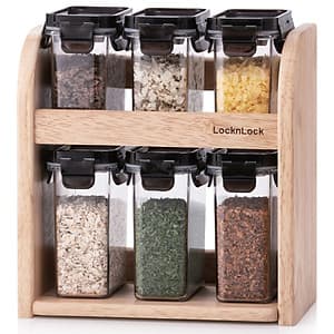 Hộp Đựng Gia Vị Lock&Lock Modular HTE571S6 6 Chiếc (3 Chiếc 180ml Và 3 Chiếc 250ml) + Giá Gỗ