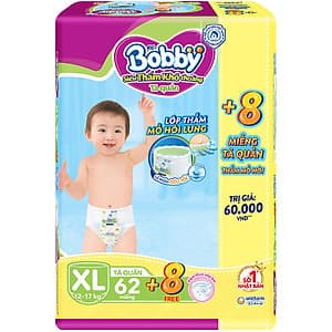 Tã quần Bobby - Đệm Lưng Thấm Mồ Hôi XL62 (62 miếng) - Tặng 8 miếng trong gói