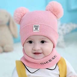 Mũ Len 2 Quả Bông Kèm Khăn Cho Bé ( Giao Màu Ngẫu Nhiên)