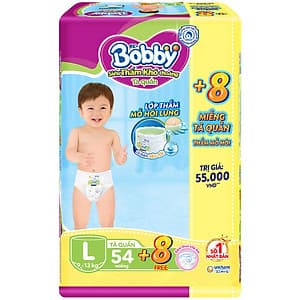 Tã Quần Bobby - Đệm Lưng Thấm Mồ Hôi L54 (54 Miếng) - Tặng 8 Miếng Trong GóI