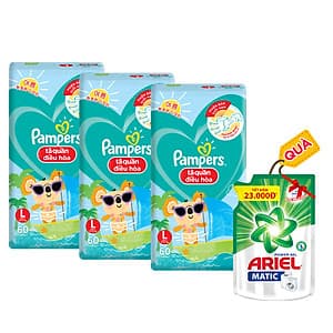 Combo 3 Tã Quần Pampers Điều Hoà Gói Lớn L60 Tặng 1 Túi Nước Giặt Ariel 1.4kg