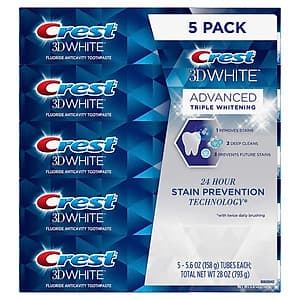 SET 5 TUÝP KEM ĐÁNH RĂNG CREST 3D WHITE ADVANCED TRIPLE WHITENING 158Gx5 HÀNG NHẬP MỸ KHÁNG KHUẨN TRẮNG RĂNG THƠM MIÊNG( MẪU MỚI )