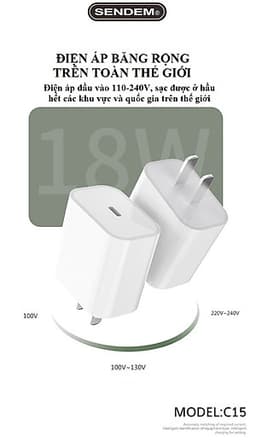 Củ sạc nhanh 18W SENDEM C15 cổng USB Type C hỗ trợ PD Super Chager cho điện thoại iPhone 11, iPhone 11 Pro, iPhone 11 Pro Max, iPad, Macbook - Hàng chính hãng