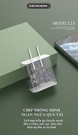 Củ sạc nhanh 18W SENDEM C15 cổng USB Type C hỗ trợ PD Super Chager cho điện thoại iPhone 11, iPhone 11 Pro, iPhone 11 Pro Max, iPad, Macbook - Hàng chính hãng