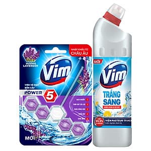 Combo 1 Vim Diệt Khuẩn Fresh Chanh xả 880ml + Viên vệ sinh bồn cầu VIM POWER 5 Vim Block Hương Lavender