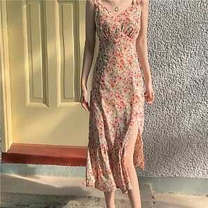 Đầm Voan Hai Dây Cổ Tim In Họa Tiết Hoa Trang Nhã Dành Cho Nữ