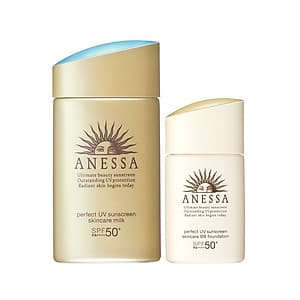 Bộ đôi Kem chống nắng dưỡng da dạng sữa bảo vệ hoàn hảo Anessa Perfect UV Sunscreen Skincare Milk SPF 50+ PA++++ 60ml + Kem nền trang điểm BB chống nắng dưỡng da Anessa SPF 50+ PA++++ 25ml