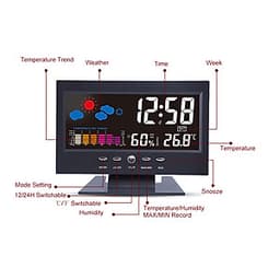 Đồng Hồ Báo Thức Điện Tử Đa Năng Có Màn Hình LCD Hiển Thị Thời Gian/ Ngày/ Tuần/ Nhiệt Độ/ Độ Ẩm/ Thời Tiết - Đen