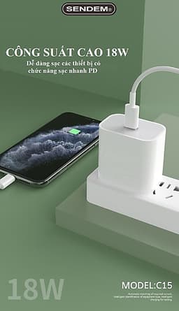 Củ sạc nhanh 18W SENDEM C15 cổng USB Type C hỗ trợ PD Super Chager cho điện thoại iPhone 11, iPhone 11 Pro, iPhone 11 Pro Max, iPad, Macbook - Hàng chính hãng