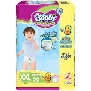 Tã quần Bobby - Đệm Lưng Thấm Mồ Hôi XXL56 (56 miếng) - Tặng 8 miếng trong gói