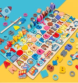 Bộ Đồ Chơi Gỗ Xếp Khối, Giáo Cụ Montessori Ghép chữ, Ghép số, Câu Cá, Xếp Khối, Ghép Hình - 6 trong 1 