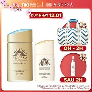 Bộ đôi Kem chống nắng dưỡng da dạng sữa bảo vệ hoàn hảo Anessa Perfect UV Sunscreen Skincare Milk SPF 50+ PA++++ 60ml + Kem nền trang điểm BB chống nắng dưỡng da Anessa SPF 50+ PA++++ 25ml