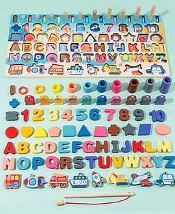 Bộ Đồ Chơi Gỗ Xếp Khối, Giáo Cụ Montessori Ghép chữ, Ghép số, Câu Cá, Xếp Khối, Ghép Hình - 6 trong 1 