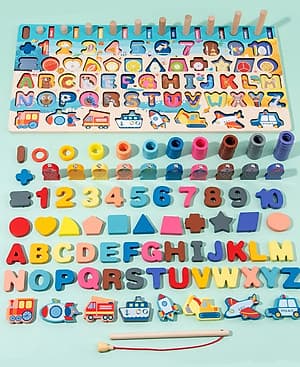 Bộ Đồ Chơi Gỗ Xếp Khối, Giáo Cụ Montessori Ghép chữ, Ghép số, Câu Cá, Xếp Khối, Ghép Hình - 6 trong 1 