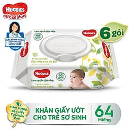 Combo 6 Gói Khăn giấy ướt cho trẻ sơ sinh Huggies không mùi, gói 64 tờ