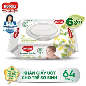 Combo 6 Gói Khăn giấy ướt cho trẻ sơ sinh Huggies không mùi, gói 64 tờ