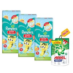 Combo 3 Tã Quần Pampers Điều Hoà Gói Lớn XL52 Tặng 1 Túi Nước Giặt Ariel 1.4kg