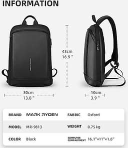 Ba Lô Chống Trộm Chống Nước MARK RYDEN Slim Laptop Backpack Men Thin   Back Pack 15.6 inch Work Man Backpack Business Bag Unisex Black Ultralight