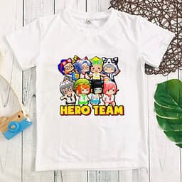 Áo thun trắng in hình Hero Team hot hit cho bé trai và bé gái