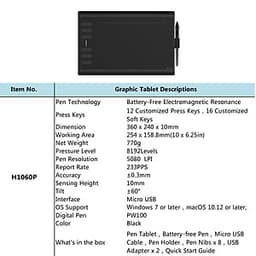 Bảng vẽ micro USB Huion H1060P với 12 nút phím cơ đi kèm với bút vẽ lớn không pin