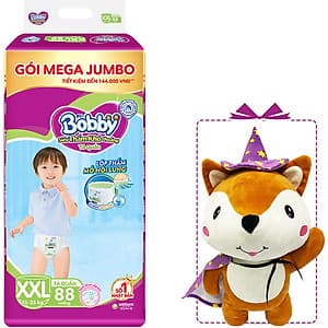 Tã Quần Bobby Đệm Lưng Thấm Mồi Hôi Lưng Mega Jumbo XXL88 - Tặng 1 cáo bông xinh xắn