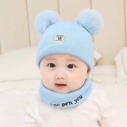 Mũ Len 2 Quả Bông Kèm Khăn Cho Bé ( Giao Màu Ngẫu Nhiên)